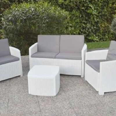 Dmora Set salotto da esterno Catanzaro, Set da giardino con 2 poltrone, 1 divano e 1 tavolino, Salottino indoor, 100% Made in Italy, Cm 128x67h77, Bianco