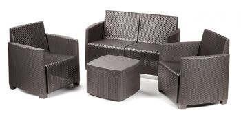 Dmora Ensemble de salon extérieur Lecce, Ensemble de jardin avec coussins composé de 2 fauteuils, 1 canapé et 1 table basse, Coin salon intérieur, 100% Made in Italy, Cm 128x67h77, Moka 3