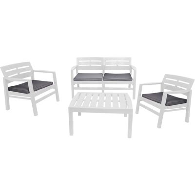 Dmora Set salotto da esterno Massa, Set da giardino con cuscini composto da 2 poltrone, 1 divano e 1 tavolino, Salottino indoor, 100% Made in Italy, Cm 133x65h75, Bianco