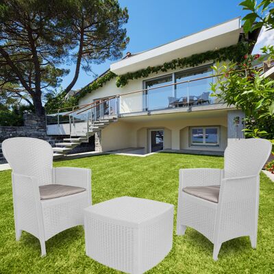 Dmora Set salotto da esterno Napoli, Set da giardino con cuscini composto da 2 poltrone, 1 divano e 1 tavolino, Salottino indoor effetto rattan, 100% Made in Italy, Cm 60x58h90, Bianco