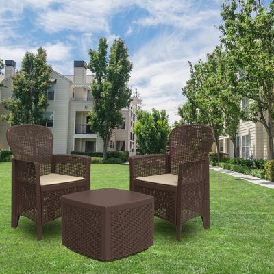 Dmora Set salotto da esterno Napoli, Set da giardino con cuscini composto da 2 poltrone, 1 divano e 1 tavolino, Salottino indoor effetto rattan, 100% Made in Italy, Cm 60x58h91, Marrone