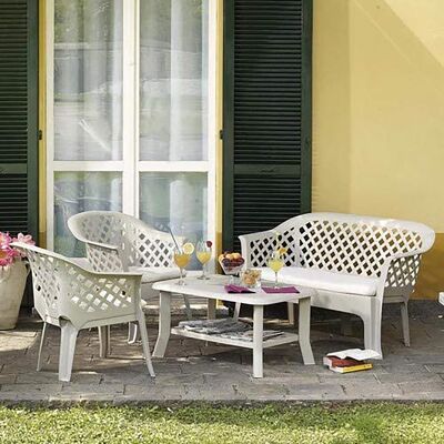 Dmora Set salotto da esterno Prato, Set da giardino con cuscini composto da 2 sedie, 1 panchina e 1 tavolino, Salottino indoor effetto Rattan, 100% Made in Italy, Cm 134x72h76, Bianco