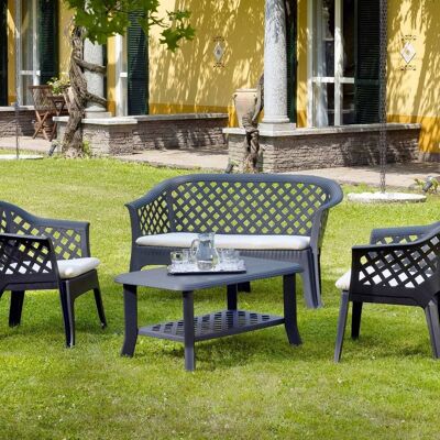 Dmora Set salotto da esterno Prato, Set da giardino con cuscini composto da 2 sedie, 1 panchina e 1 tavolino, Salottino indoor effetto Rattan, 100% Made in Italy, Cm 134x72h77, Antracite