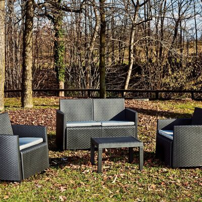 Dmora Set salotto da esterno Sassari, Set da giardino con cuscini composto da 2 poltrone, 1 divano a due posti e 1 tavolino, Salottino indoor, 100% Made in Italy, Antracite, con 8 cuscini