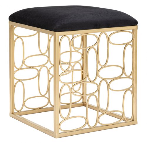 Dmora Sgabello elegante quadrato, in metallo dorato, con seduta imbottita in velluto, colore nero, dalle linee geometriche e tondeggianti, Misure 38 x 46 x 38 cm