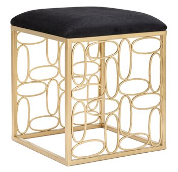 Dmora Tabouret carré élégant, en métal doré, avec assise rembourrée en velours, couleur noire, aux lignes géométriques et arrondies, Mesure 38 x 46 x 38 cm 1