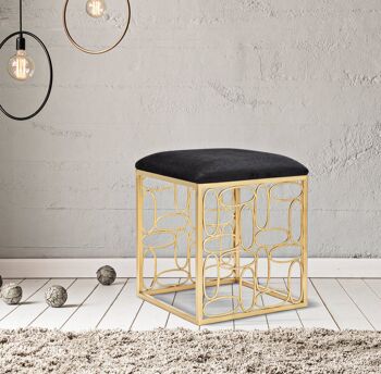 Dmora Tabouret carré élégant, en métal doré, avec assise rembourrée en velours, couleur noire, aux lignes géométriques et arrondies, Mesure 38 x 46 x 38 cm 6