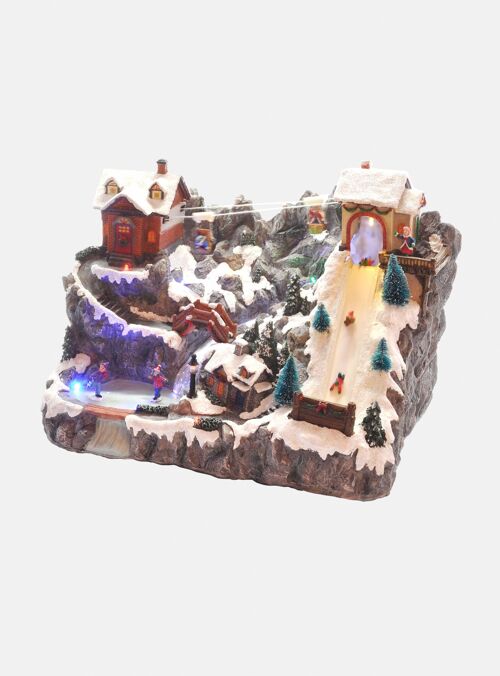 Dmora Statuetta natalizia in movimento, Paesaggio villaggio natalizio, con scivolo, Fiume, Decorazione natalizia con LUCI LED, Giostrina in movimento, 37x24x27 cm