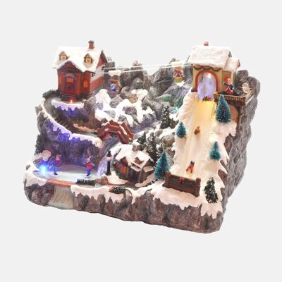Dmora Statuetta natalizia in movimento, Paesaggio villaggio natalizio, con scivolo, Fiume, Decorazione natalizia con LUCI LED, Giostrina in movimento, 37x24x27 cm