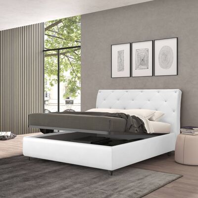 Dmora Talamo Italia Letto contenitore piazza e mezza Strauss, Made in Italy, Struttura in ecopelle imbottita, Adatto a materasso 120x190 cm, Bianco