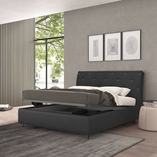 Dmora Talamo Italia Letto contenitore piazza e mezza Strauss, Made in Italy, Struttura in ecopelle imbottita, Adatto a materasso 120x190 cm, Nero