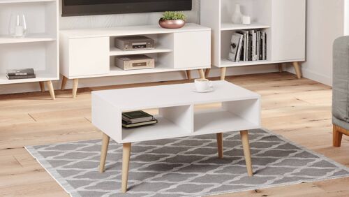 Dmora Tavolino basso da soggiorno, Tavolino porta riviste con 2 scaffali e piedini, Stile scandi, cm 55x90h55, colore Bianco