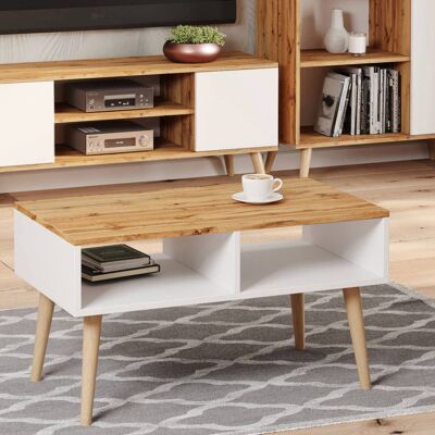 Dmora Tavolino basso da soggiorno, Tavolino porta riviste con 2 scaffali e piedini, Stile scandi, cm 55x90h55, colore Bianco e Acero