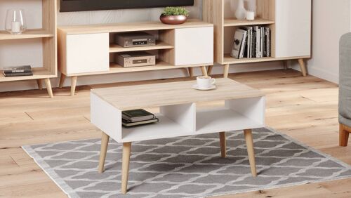 Dmora Tavolino basso da soggiorno, Tavolino porta riviste con 2 scaffali e piedini, Stile scandi, cm 55x90h55, colore Bianco e Rovere