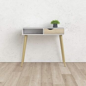 Table console Dmora avec un tiroir et un compartiment ouvert, coloris blanc et chêne, 103 x 89 x 43 cm 1