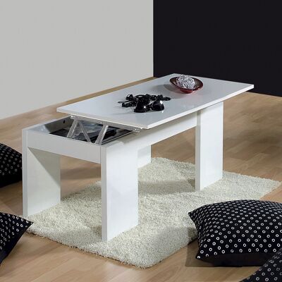 Dmora Tavolino da salotto Malibu, Tavolino da caffè con piano elevabile, Tavolo basso da soggiorno, cm 100x50h43/84, Bianco lucido