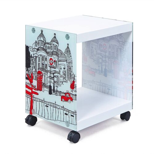Dmora Tavolino-comodino con ruote, in legno bianco con fantasia Londra, cm 38x33.5x46