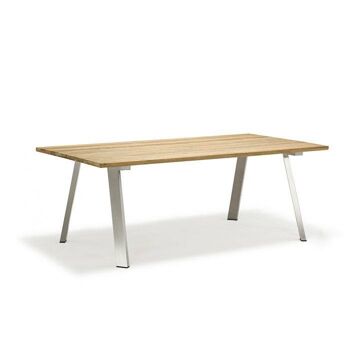 Table Dmora avec pieds en acier inoxydable et plateau en bois de teck de 3 mm Made in Italy, couleur marron, 200 x 100 x 74 cm