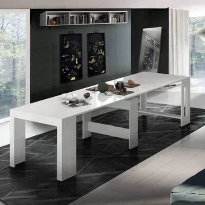 Dmora Tavolo da pranzo moderno, Made in Italy, Consolle allungabile fino a 12 posti, con portallunghe, cm 51/300x90h77 Bianco lucido