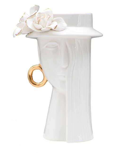 Dmora Vaso elegante in porcellana, colore bianco, con decorazioni dorate, Misure 13 x 23,5 x 15 cm