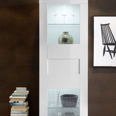 Dmora Vetrina Caceres, Mobile da soggiorno con vetrina, Crsitalliera con ripiani, Credenza moderna, Made in Italy, Cm 61x42h171, Bianco Lucido