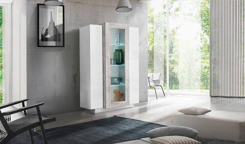Dmora Vetrina moderna con anta a vetro, Made in Italy, Mobile vetrinetta da soggiorno, cm 80x38h121, Bianco lucido e Cemento