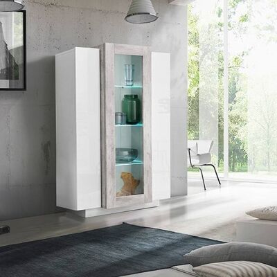 Dmora Vetrina moderna con anta a vetro, Made in Italy, Mobile vetrinetta da soggiorno, cm 80x38h121, Bianco lucido e Cemento