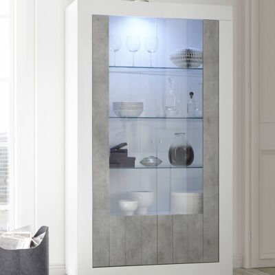 Dmora Vetrina moderna con scaffali, Made in Italy, Credenza con anta a vetro, Mobile da soggiorno, Vetrinetta, cm 110x42h190, colore Bianco lucido e Cemento