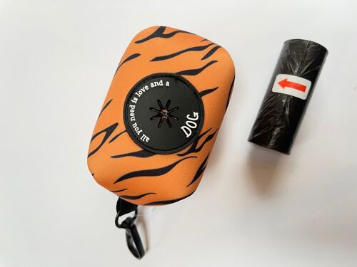 Tiger Print Personalised Poo Bag Dispenser Soft Touch Neoprene with FREE Poo Bags