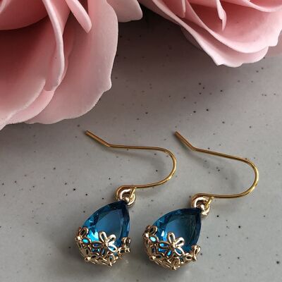 Light Blue Golden Teardrop Glass Earrings
