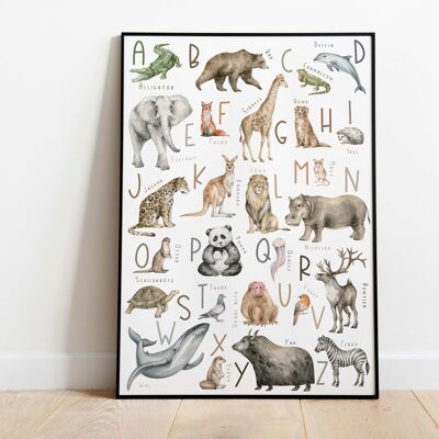 Cartel de animales del alfabeto A3 | Alfabeto de animales | Póster Animales | cartel ABC | Póster habitación infantil