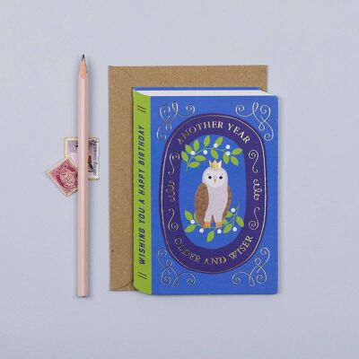Carte d'anniversaire de conte de fées Wise Owl Carte d'anniversaire de feuille d'or