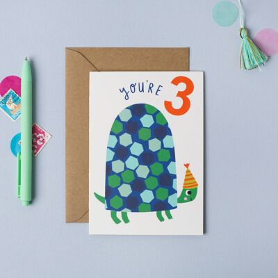 Tarjeta de cumpleaños para niños de tortuga de 3 años Tarjeta de cumpleaños para niños
