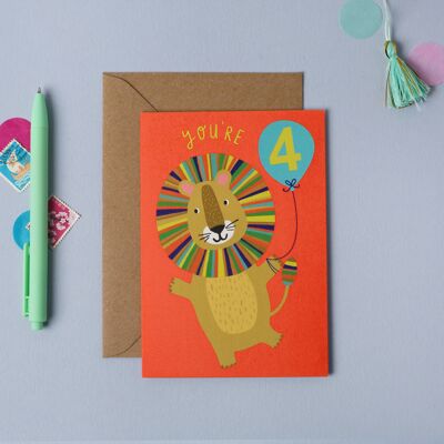 Carte d'anniversaire pour enfant Lion 4 ans Carte d'anniversaire pour enfant