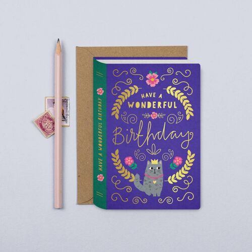 Cat Book Cover Birthday Card  Luxury Gold Foil Card