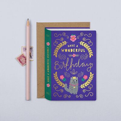Tarjeta de cumpleaños con cubierta de libro de gato Tarjeta de lámina dorada de lujo
