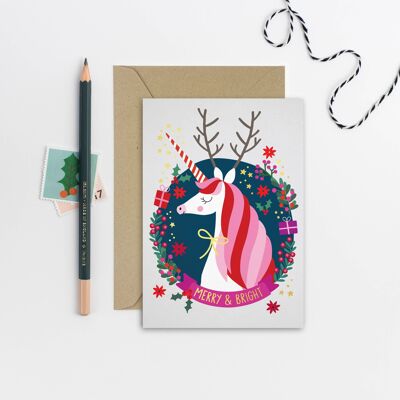 Merry and Bright Unicorn Holiday Card  Christmas Card