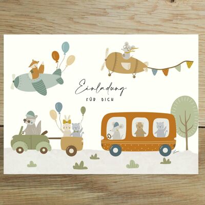 Set of 10 invitation cards children's birthday | Invitation for children | Children's birthday party - invitation with vehicles and animals | DIN A6