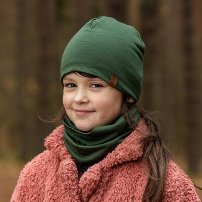 Kids Merino wool Beanie Hat Dark green