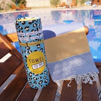 Serviette de plage et de piscine PALERMO | Serviette de hammam turque | Bleu - Jaune, avec boîte cadeau recyclée 3