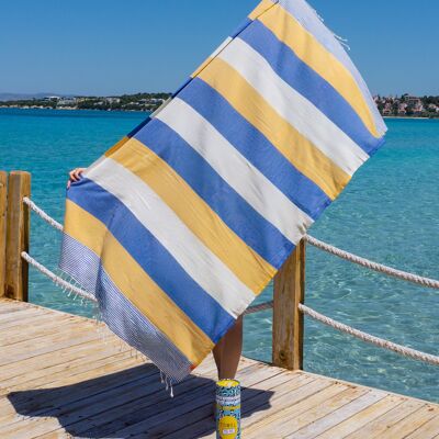 Serviette de plage et de piscine PALERMO | Serviette de hammam turque | Bleu - Jaune, avec boîte cadeau recyclée