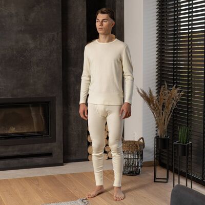 Men's Merino Wool 250gsm  Set of Long Sleeve & Bottom Rub Natural
