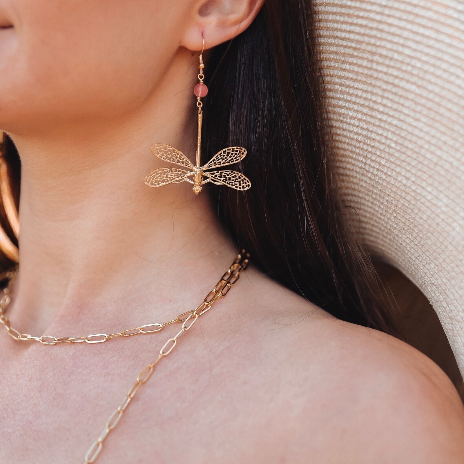 Rose quartz golden filigree dragonfly earrings