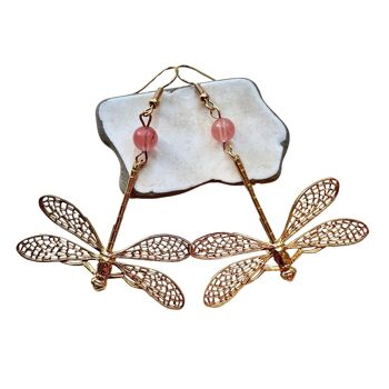 Boucles d'oreilles libellules filigranes dorés quartz rose 2