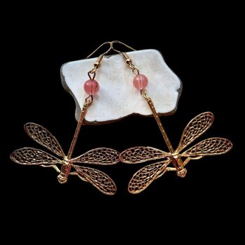 Boucles d'oreilles libellules filigranes dorés quartz rose 4