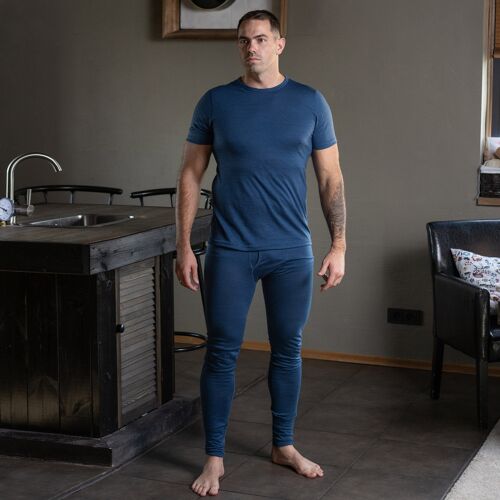 Men's Merino Wool 160gsm Set Of Short Sleeve & Bottom Denim