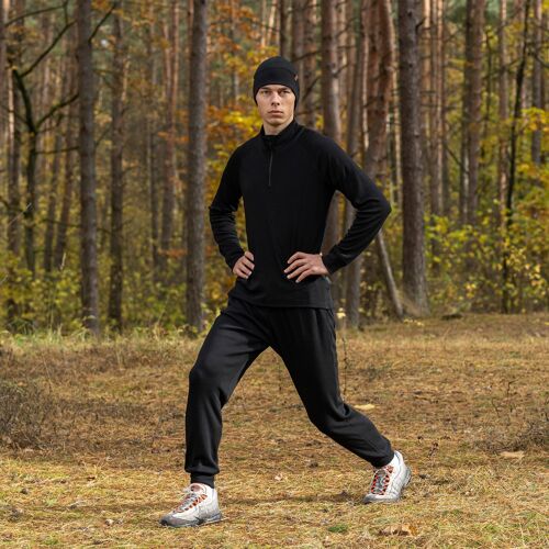 Men's Merino Wool 250gsm Set of Zip Neck Top & Sweatpants Black