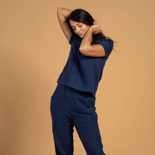 Organic 100% Linen Set Of Blouse EMMA & Pants DAKOTA - Storm Blue