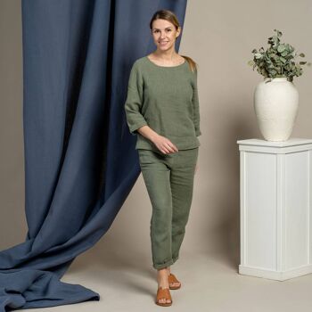 Ensemble Blouse NORA & Pantalon DAKOTA 100% Lin Bio - Vert Pierre 2