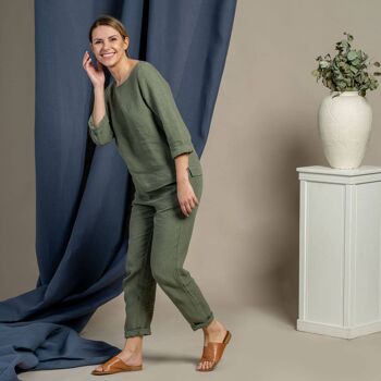 Ensemble Blouse NORA & Pantalon DAKOTA 100% Lin Bio - Vert Pierre 3